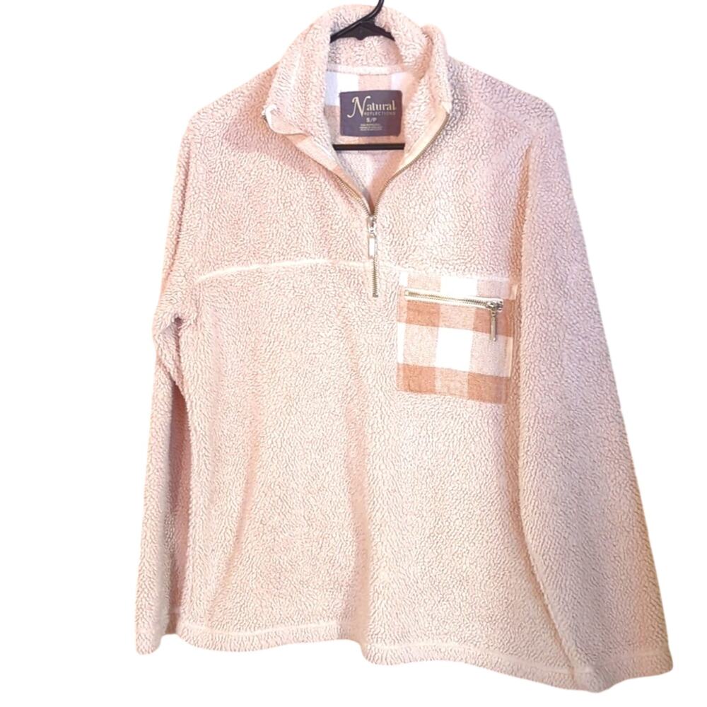 Natural Reflections Oatmeal Sherpa Plaid Trim Quarter Zip Pullover Women Sz S/P